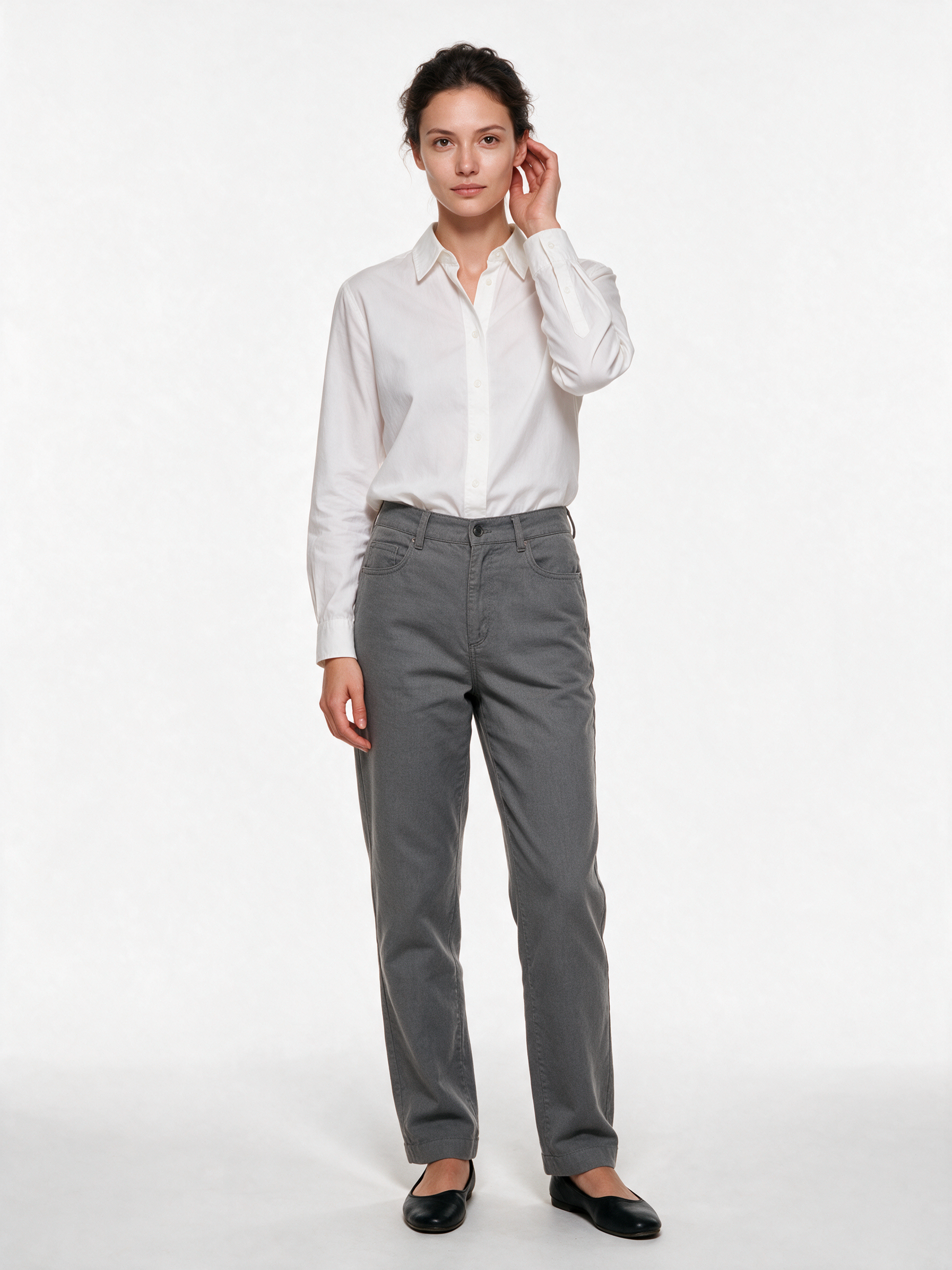 F006 AI fashion example: original white shirt and grey trousers